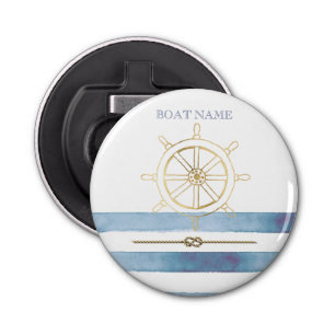 Nautical Gold Boat Wheel,Blue Watercolor Stripes Bottle Opener