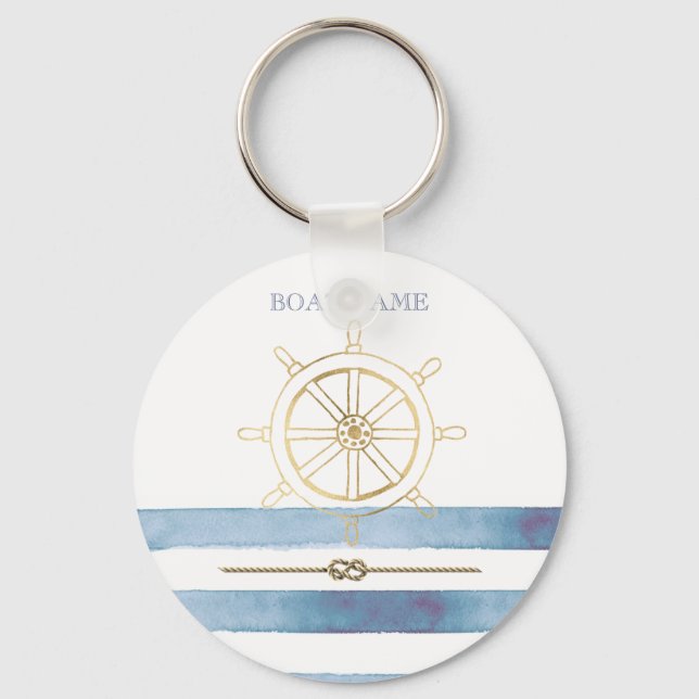 Nautical Gold Boat Wheel,Blue Watercolor Stripes   Keychain (Front)