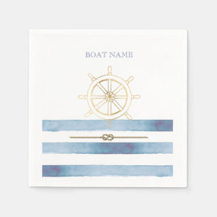 Nautical Gold Boat Wheel,Blue Watercolor Stripes   Napkins