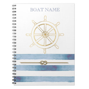 Nautical Gold Boat Wheel,Blue Watercolor Stripes Notebook