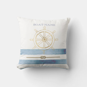Nautical Gold Boat Wheel,Blue Watercolor Stripes Throw Pillow