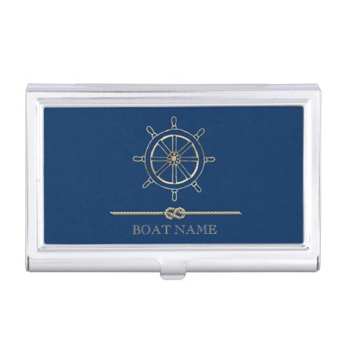 Nautical Gold Boat WheelNavy Blue  Business Card Case