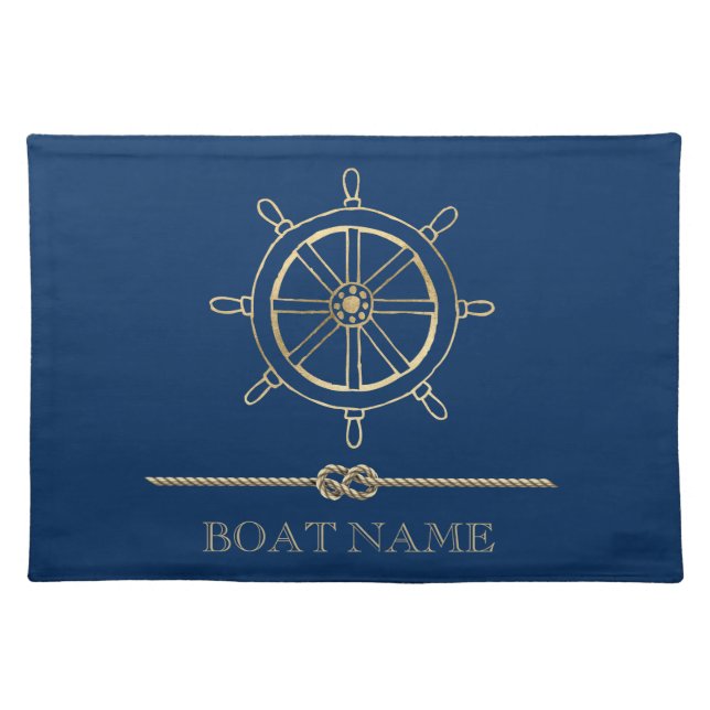 Nautical Gold Boat Wheel,Navy Blue   Cloth Placemat (Front)
