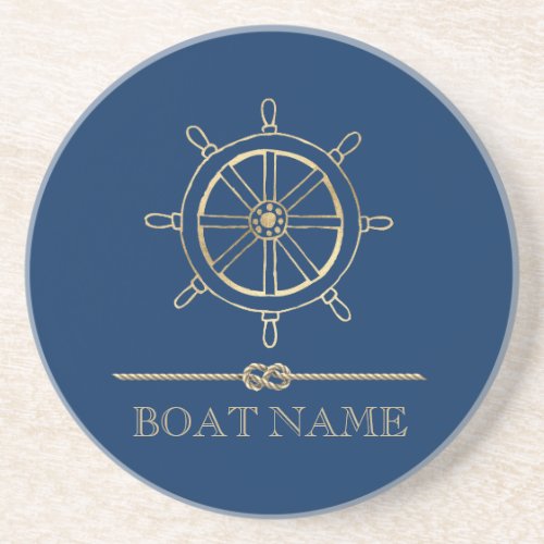 Nautical Gold Boat WheelNavy Blue    Coaster