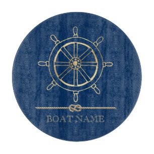 Nautical Gold Boat Wheel,Navy Blue  Cutting Board
