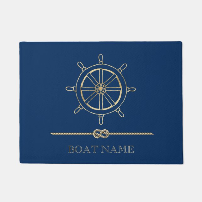 Nautical Gold Boat Wheel,Navy Blue  Doormat (Front)