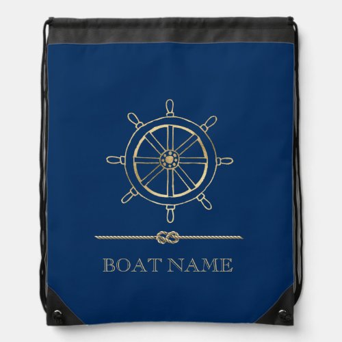 Nautical Gold Boat WheelNavy Blue    Drawstring Bag