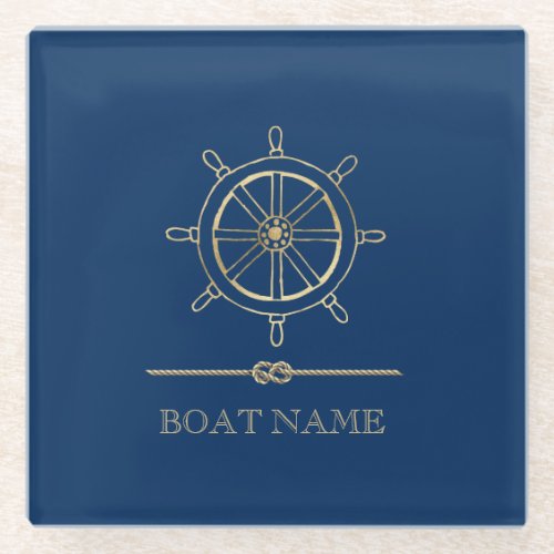 Nautical Gold Boat WheelNavy Blue    Glass Coaster