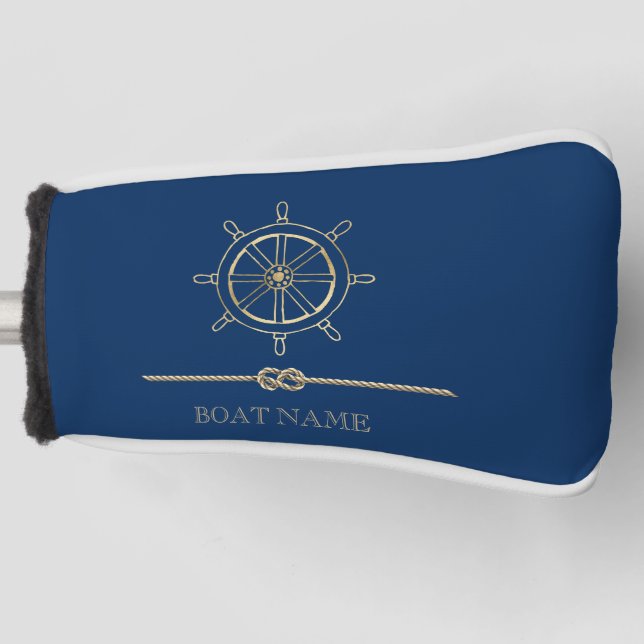 Nautical Gold Boat Wheel,Navy Blue   Golf Head Cover (Front)