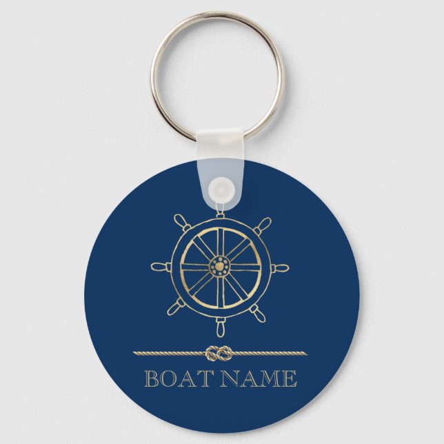 Nautical Gold Boat Wheel,Navy Blue    Keychain (Front)