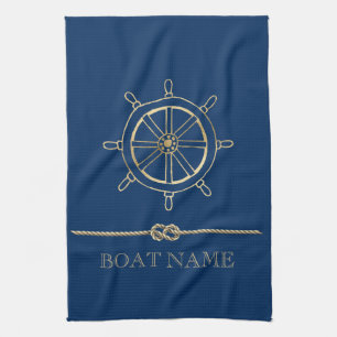 Nautical Gold Boat Wheel,Navy Blue Kitchen Towel