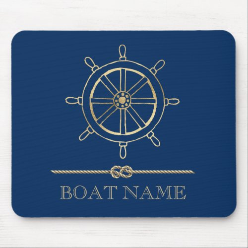 Nautical Gold Boat WheelNavy Blue  Mouse Pad