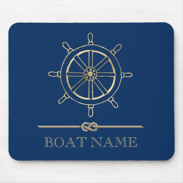 Nautical Gold Boat Wheel,Navy Blue  Mouse Pad (Front)