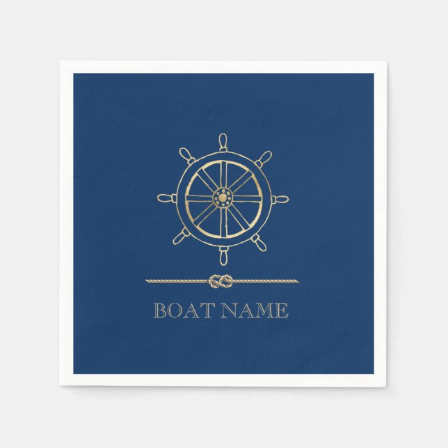 Nautical Gold Boat Wheel,Navy Blue   Napkins (Front)
