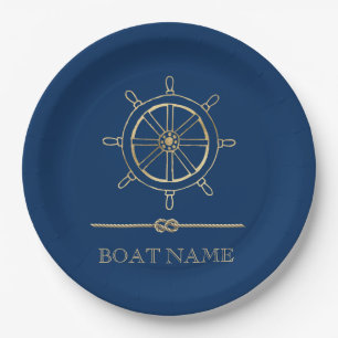 Nautical Gold Boat Wheel,Navy Blue  Paper Plates