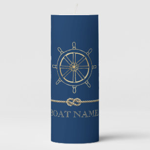 Nautical Gold Boat Wheel,Navy Blue   Pillar Candle