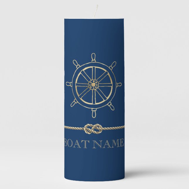 Nautical Gold Boat Wheel,Navy Blue   Pillar Candle (Front)