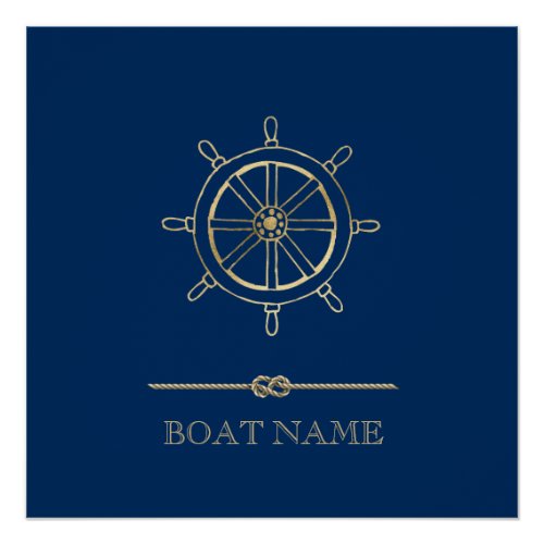 Nautical Gold Boat WheelNavy Blue   Poster