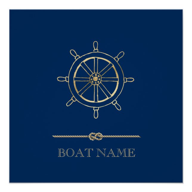 Nautical Gold Boat Wheel,Navy Blue   Poster (Front)