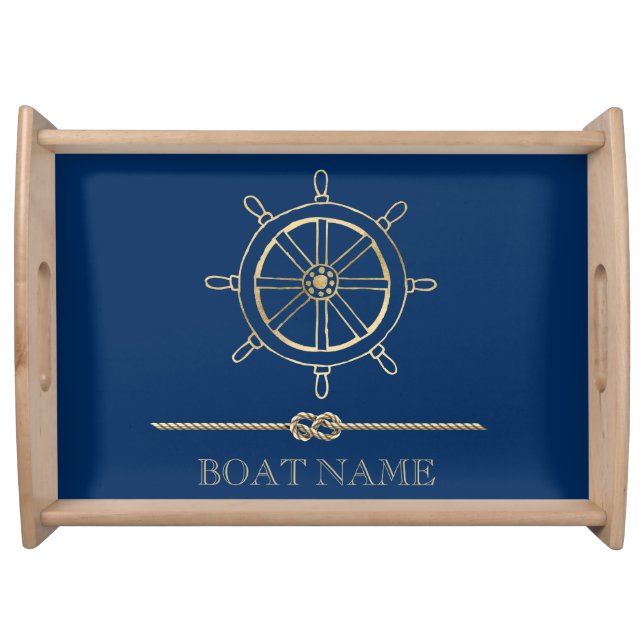 Nautical Gold Boat Wheel,Navy Blue   Serving Tray (Front)