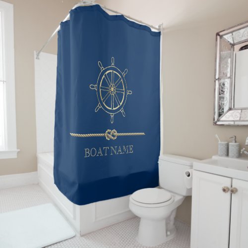 Nautical Gold Boat WheelNavy Blue Shower Curtain