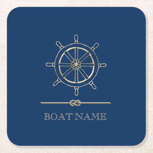Nautical Gold Boat WheelNavy Blue    Square Paper Coaster
