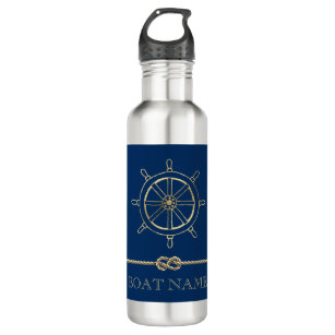 Nautical Gold Boat Wheel,Navy Blue  Stainless Steel Water Bottle