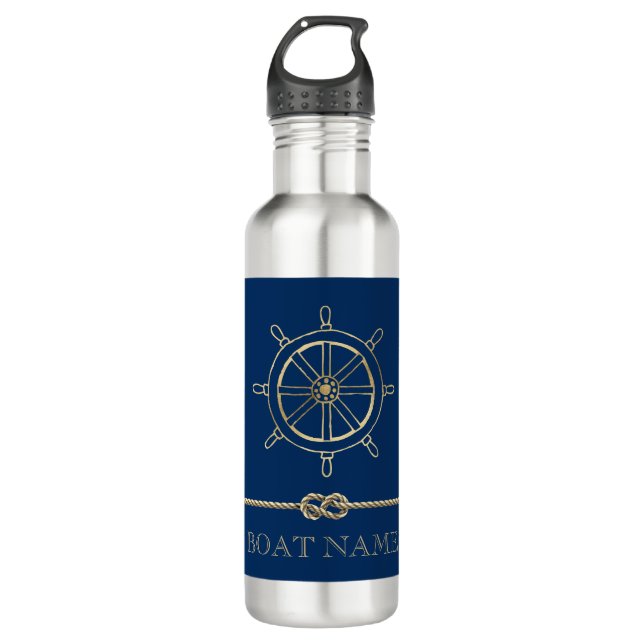 Nautical Gold Boat Wheel,Navy Blue  Stainless Steel Water Bottle (Front)