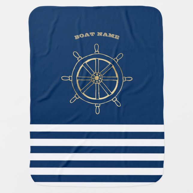 Nautical,Gold Boat Wheel, Navy Blue Stripes   Baby Blanket (Front)