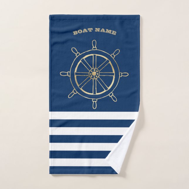 Nautical,Gold Boat Wheel, Navy Blue Stripes  Bath Towel Set (Hand Towel)
