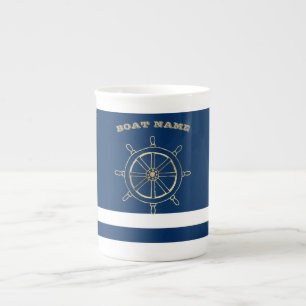 Nautical,Gold Boat Wheel, Navy Blue Stripes Bone China Mug