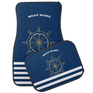 Nautical,Gold Boat Wheel, Navy Blue Stripes Car  Floor Mat