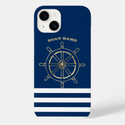 Nautical,Gold Boat Wheel, Navy Blue Stripes  Case-Mate iPhone 14 Case