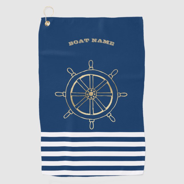 Nautical,Gold Boat Wheel, Navy Blue Stripes  Golf Towel (Front)
