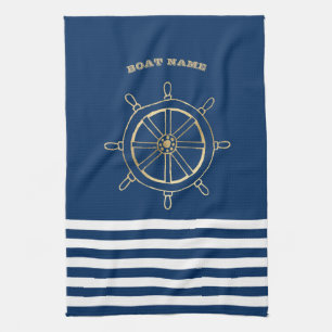Nautical,Gold Boat Wheel, Navy Blue Stripes Kitchen Towel