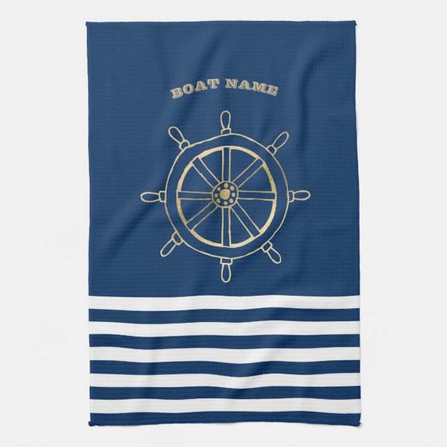 Nautical,Gold Boat Wheel, Navy Blue Stripes   Kitchen Towel (Vertical)