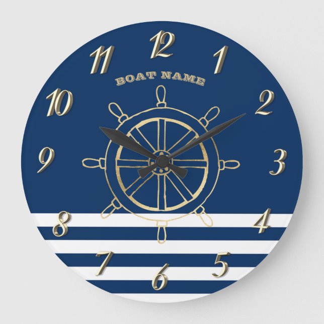 Nautical,Gold Boat Wheel, Navy Blue Stripes  Large Clock (Front)