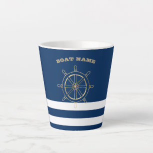 Nautical,Gold Boat Wheel, Navy Blue Stripes Latte Mug