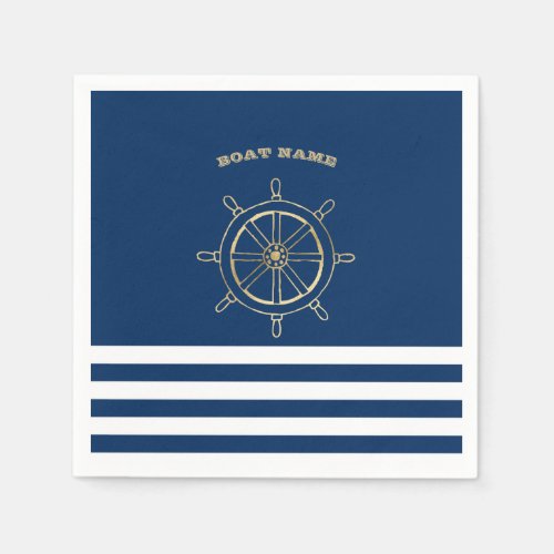 NauticalGold Boat Wheel Navy Blue Stripes  Napkins