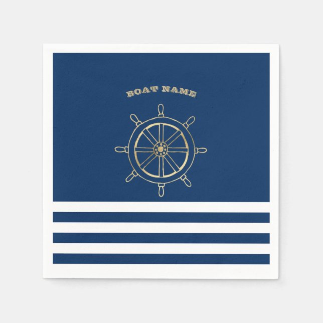 Nautical,Gold Boat Wheel, Navy Blue Stripes  Napkins (Front)
