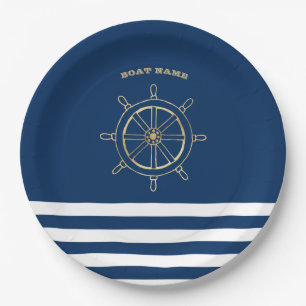 Nautical,Gold Boat Wheel, Navy Blue Stripes Paper Plates