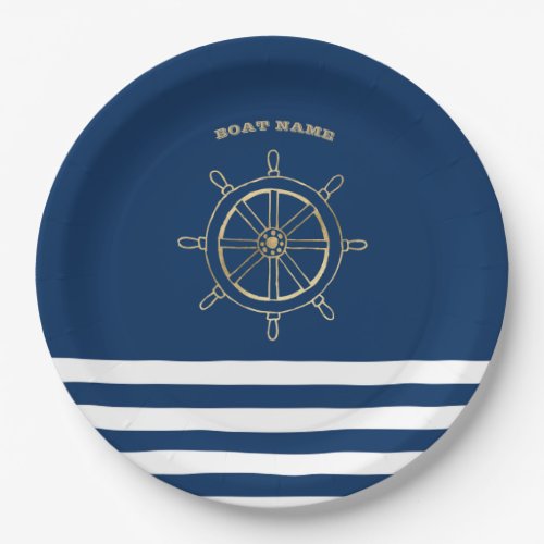 NauticalGold Boat Wheel Navy Blue Stripes  Paper Plates