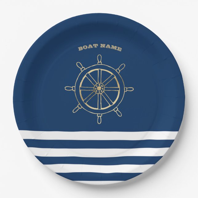 Nautical,Gold Boat Wheel, Navy Blue Stripes  Paper Plates (Front)