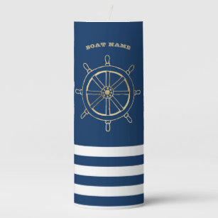 Nautical,Gold Boat Wheel, Navy Blue Stripes Pillar Candle