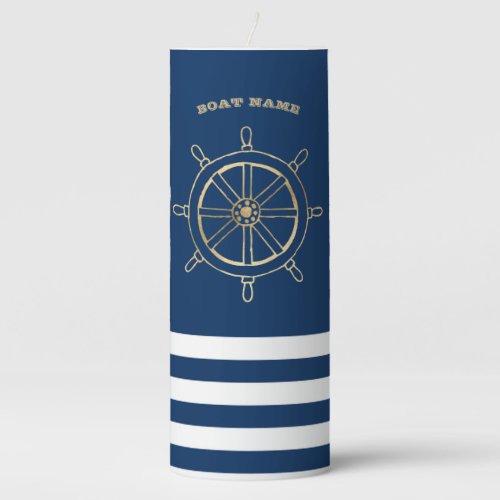 NauticalGold Boat Wheel Navy Blue Stripes Pillar Candle