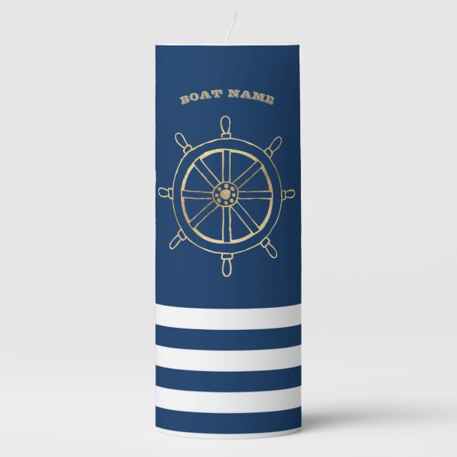 Nautical,Gold Boat Wheel, Navy Blue Stripes Pillar Candle (Front)