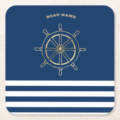 NauticalGold Boat Wheel Navy Blue Stripes      Square Paper Coaster