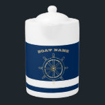 Nautical,Gold Boat Wheel, Navy Blue Stripes     Teapot<br><div class="desc">This image features a boat wheel on a navy blue striped background.</div>