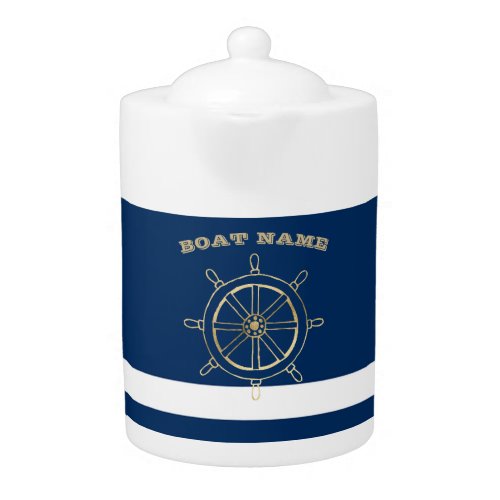 NauticalGold Boat Wheel Navy Blue Stripes     Teapot