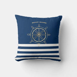 Nautical,Gold Boat Wheel, Navy Blue Stripes Throw Pillow